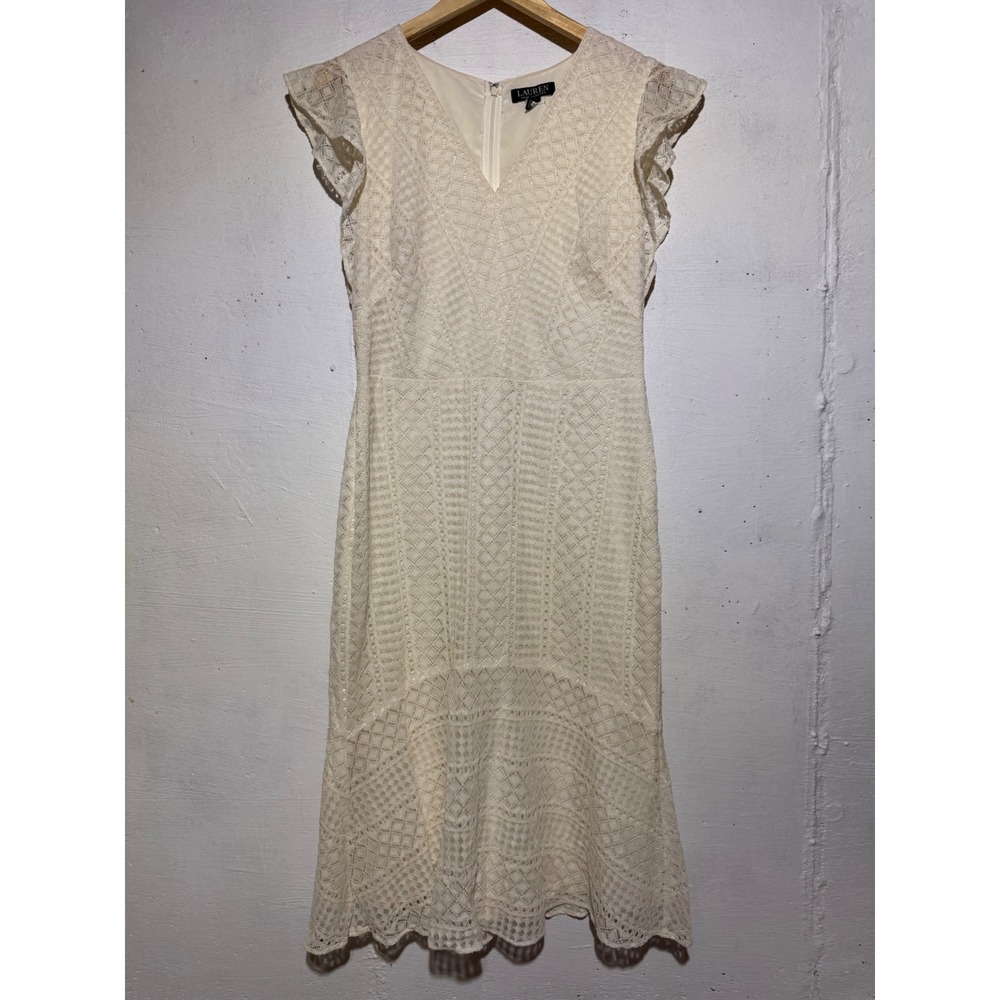 Lauren Ralph Lauren Women's 10 Ivory Lace Sheath Midi Dress Ruffle Cap Sleeve